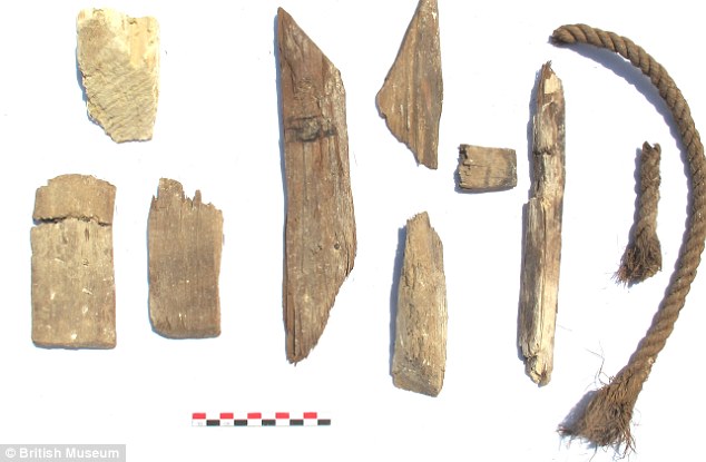 Pieces of worked wood, oar, tenons, pieces of wooden boxes, ropes found at Wadi el-Jarf